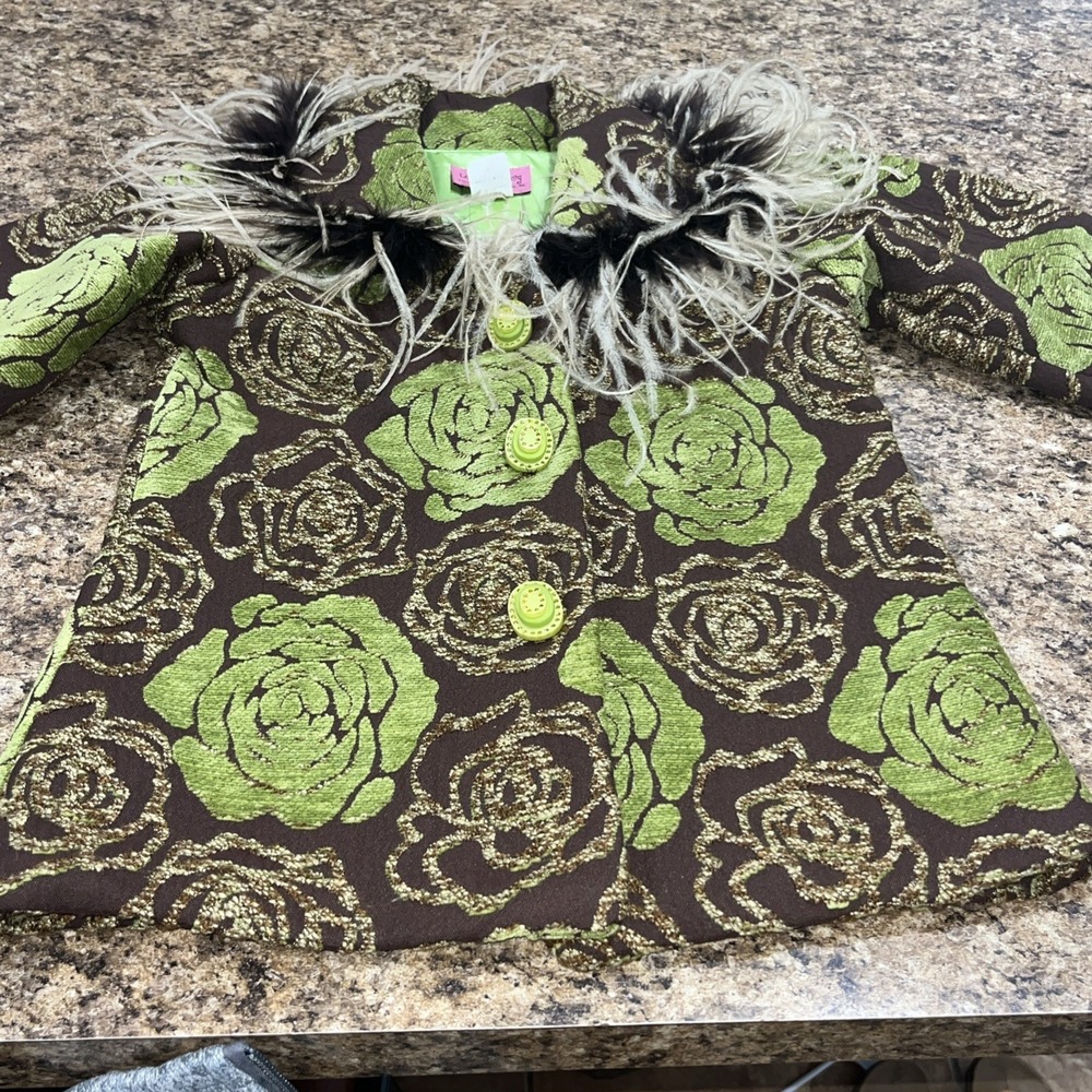 Leopard Daisy BEAUTIFUL Kids Brocade Floral Brown Green Coat Faux Feather Sz 4 - Picture 3 of 12